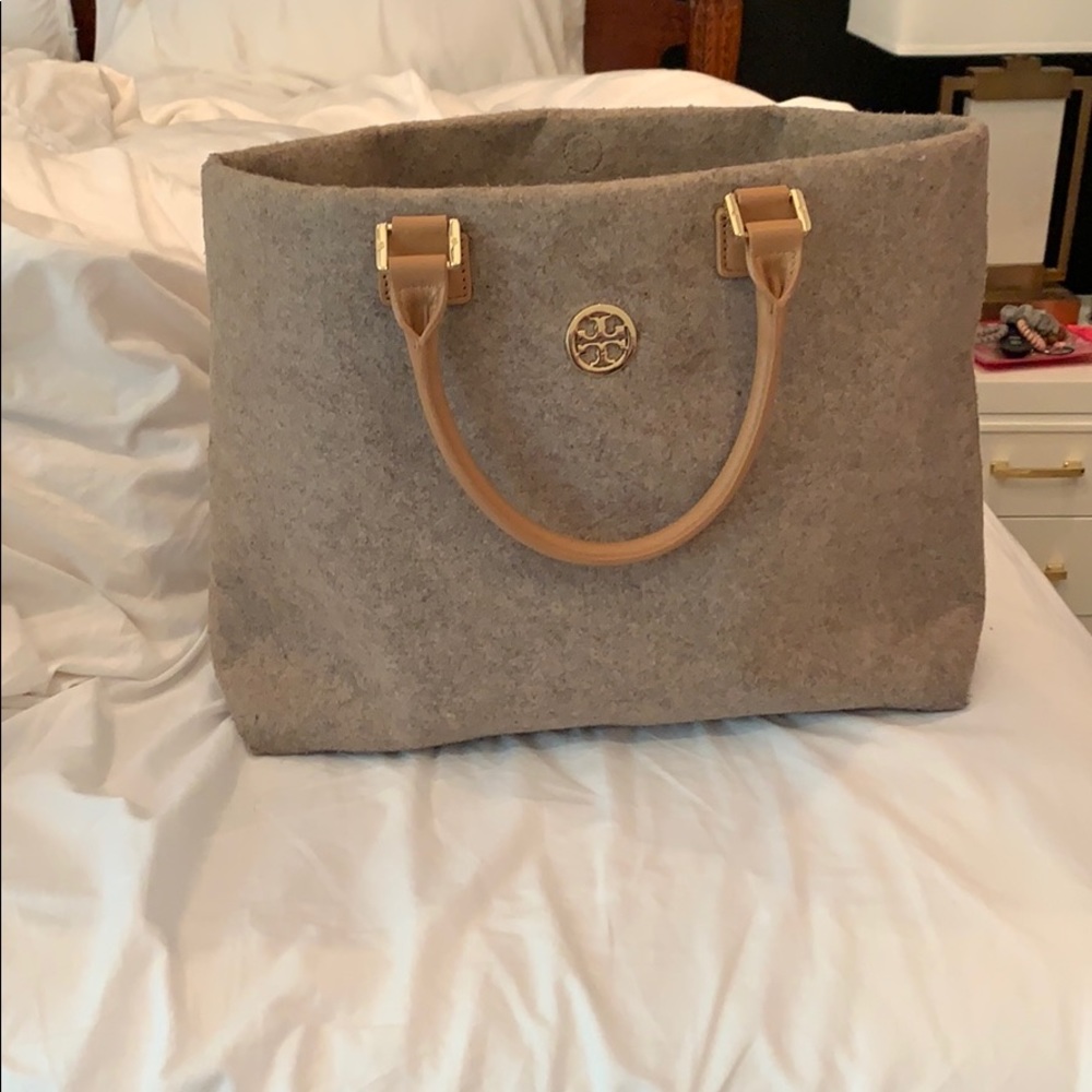 Tory Burch Beige Felt Tote with Tan Leather Handles and Gold Logo